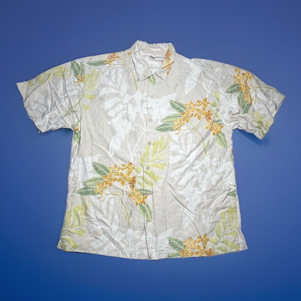 Tommy Bahama Silk Hawaiian Shirt Men’s XL Short Slev Beige Tropical Button Down
